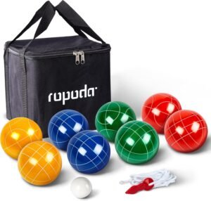 ropoda 90mm Bocce Ball Set with 8 Polyresin Balls, Pallino, Case and Measuring Rope
