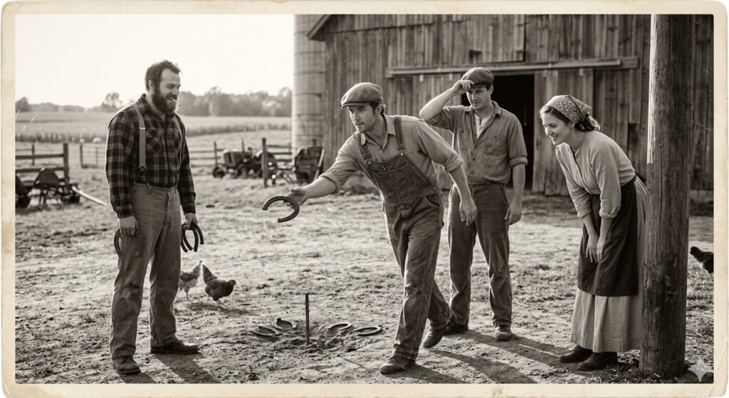 On the farm playing horseshoes