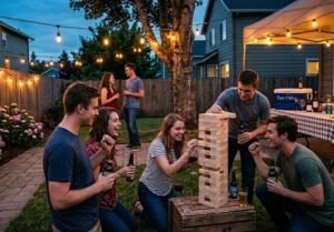 adults playing giant jenga backyard party