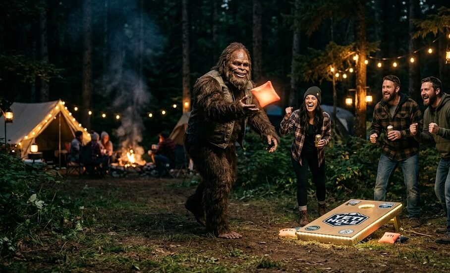 Bigfoot plays cornhole in the dark