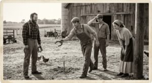 On the farm playing horseshoes