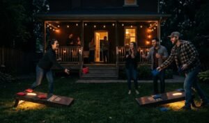 Cornhole at night glowing bags and board lights
