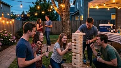adults playing giant jenga backyard party