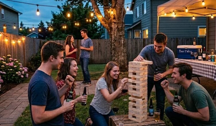 adults playing giant jenga backyard party