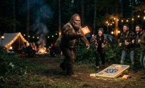 Bigfoot plays cornhole in the dark